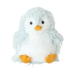Feathers sky penguin has blue dangly feathers brown bead eyes and a white smooth plush face and belly with a golden orange beak and feet