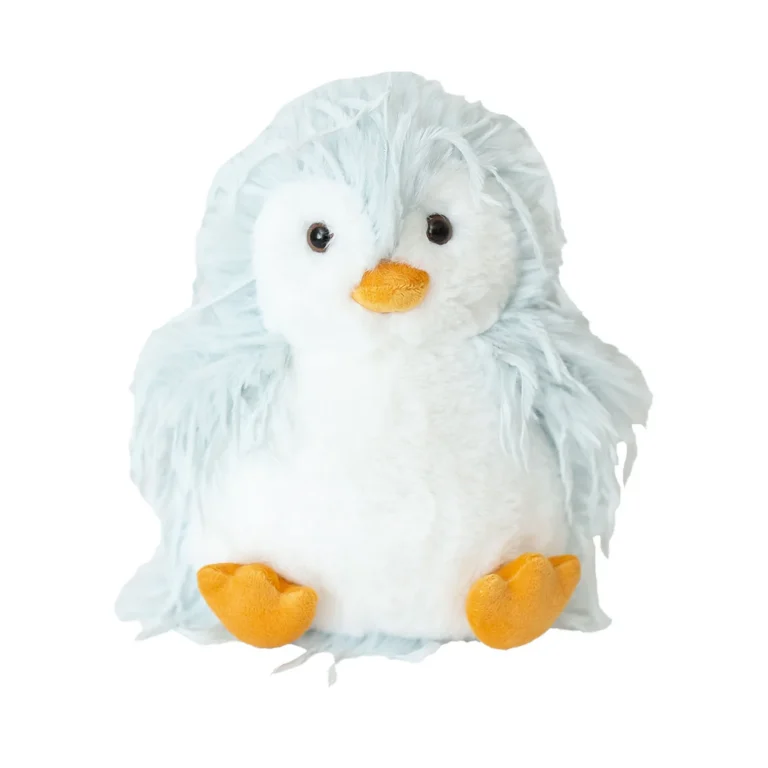 Feathers sky penguin has blue dangly feathers brown bead eyes and a white smooth plush face and belly with a golden orange beak and feet