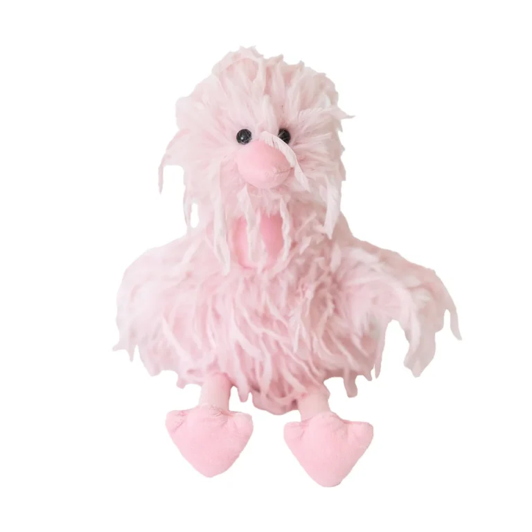 Feathers pink flamingo is covered in all pink dangly feathers with two black bead eyes. Beak and legs are plush and smooth.