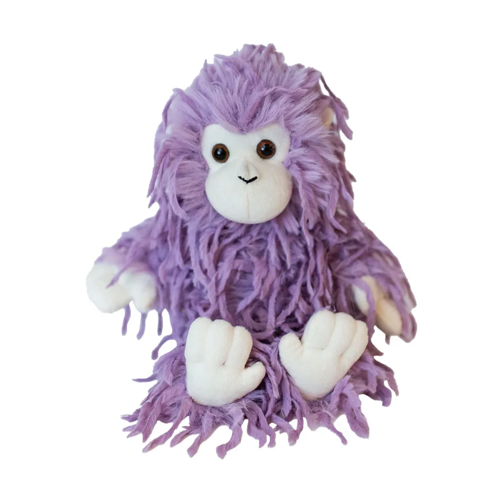 Feathers lilac Monkey has long purple feathered and two bead eyes with white ears hands and feet.