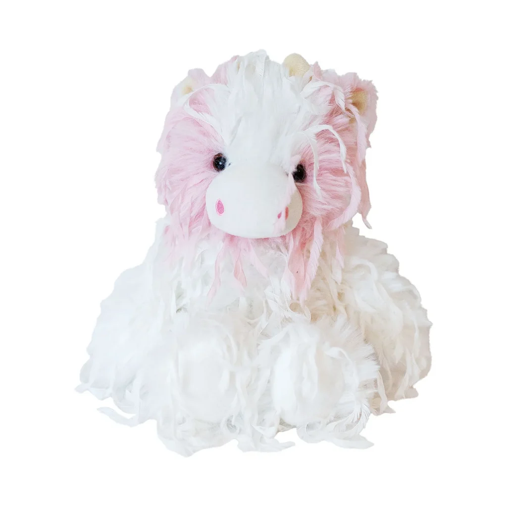 Feathers strawberry cow is a combination of long and dangly pink, white feathers with a smooth and plush noes