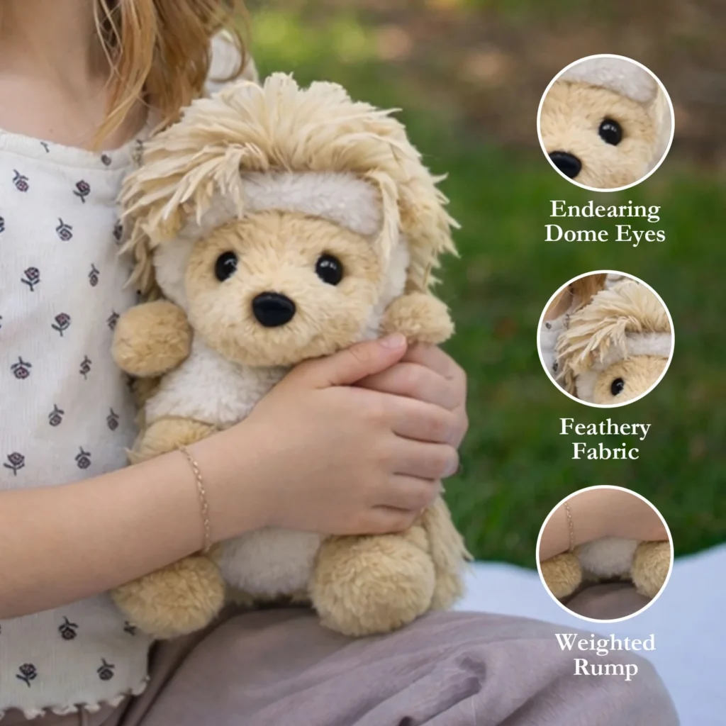 this plush pal is soft and lightly weighted with feather like plush