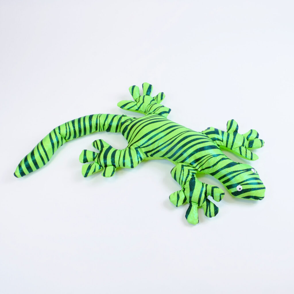 This Iggy Iguana is a vibrant lime green solid body with bold black zebra stripes, shiny blue green dots.